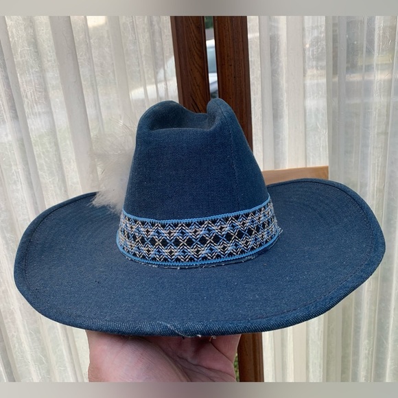 Vintage 1970’s YA Blue Denim Jean Cowboy Hat Size L Dark Wash Western 7 1/4 3/8 - Picture 8 of 9